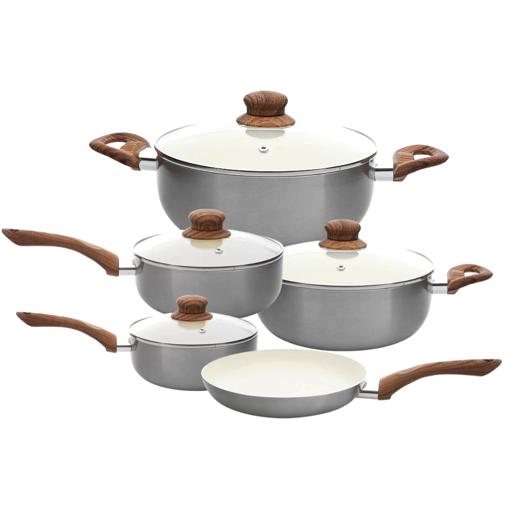 Panela Antiaderente Cerâmica Tampa Vidro Cabo Silicone 5 Pç