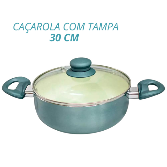 Panela Caçarola Revestimento Cerâmica 30 Cm Tampa De Vidro