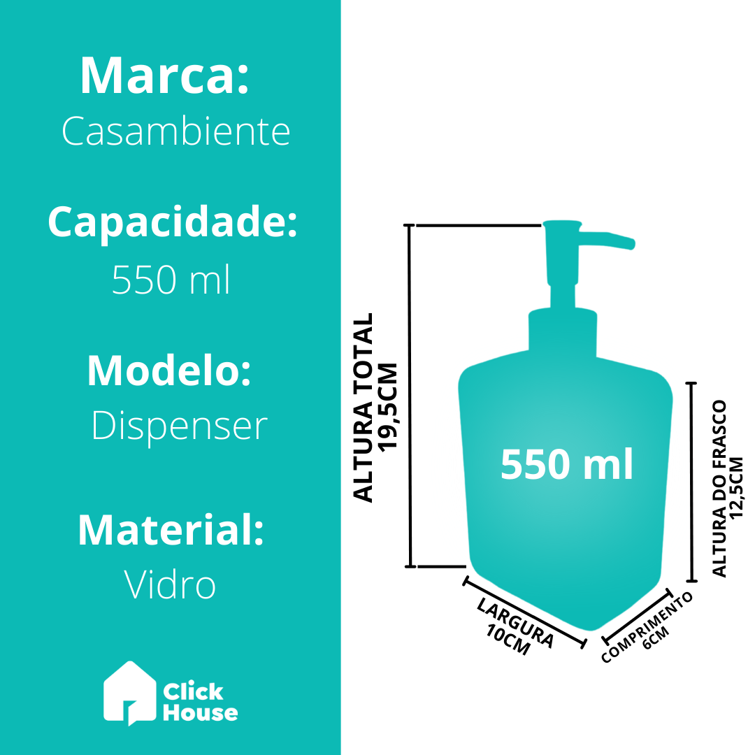 Porta Sabonete Líquido Vidro 550ml Álcool Gel Banheiro Pia