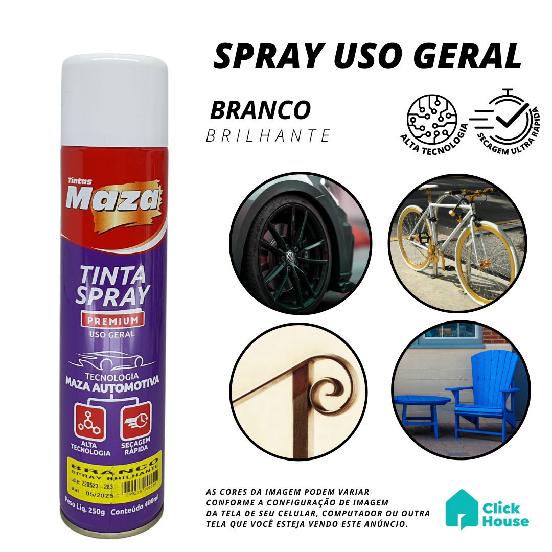 Tinta Spray Brilhante 400ml Cores Uso Geral Multiuso Maza