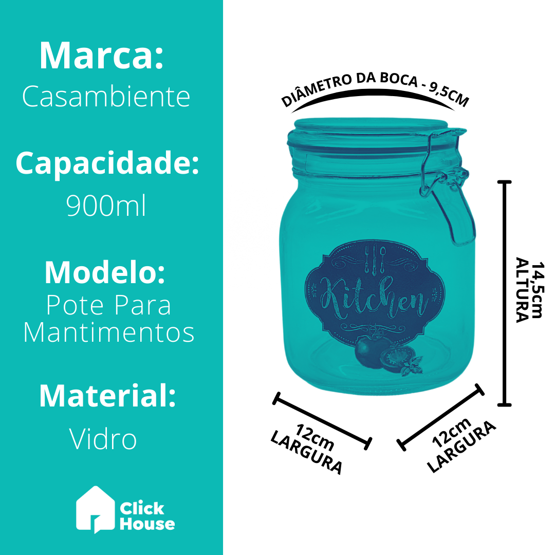 Pote Vidro Porta Mantimento Tampa Hermética Kitchen 900ml