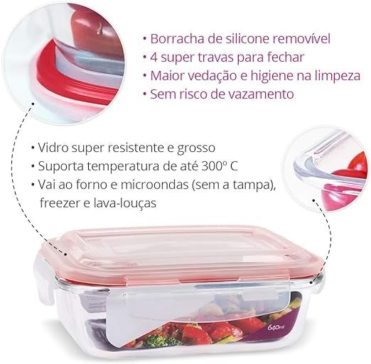 Pote Vidro Hermético Marmita Tampa Retangular Fit 330ml