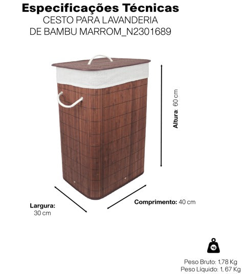 Cesto De Roupas Organizador Bambu Com Tampa 65l Cor Marrom