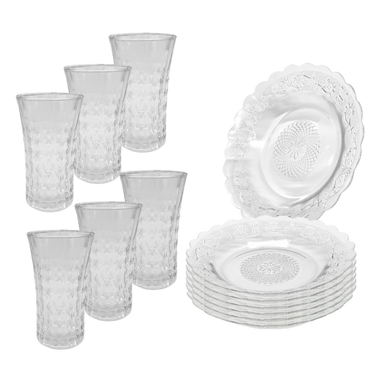 Aparelho De Jantar 12 Peças 6 Pratos Vidro 6 Copos Diamond