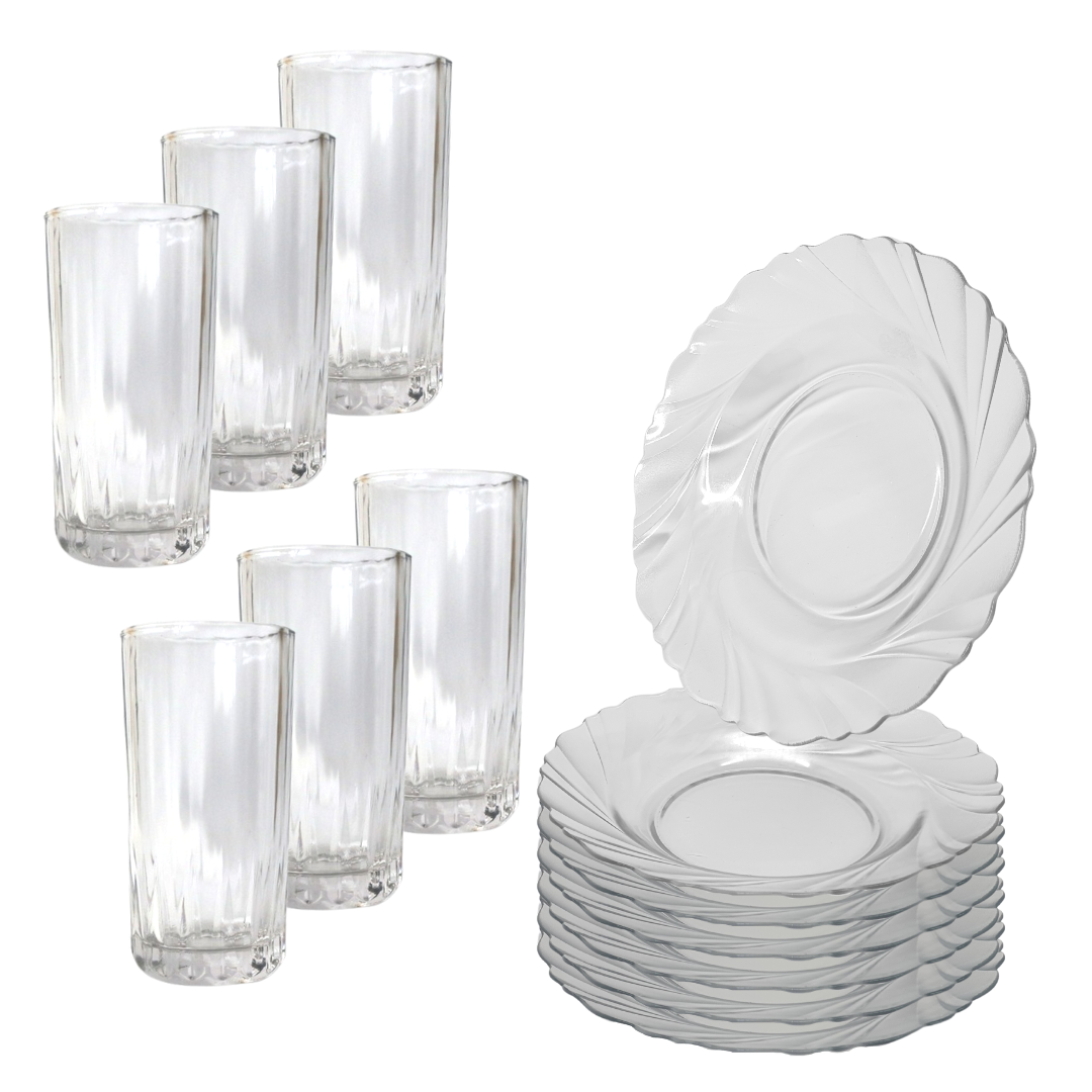Aparelho De Jantar 12 Peças 6 Pratos Vidro + 6 Copos Long