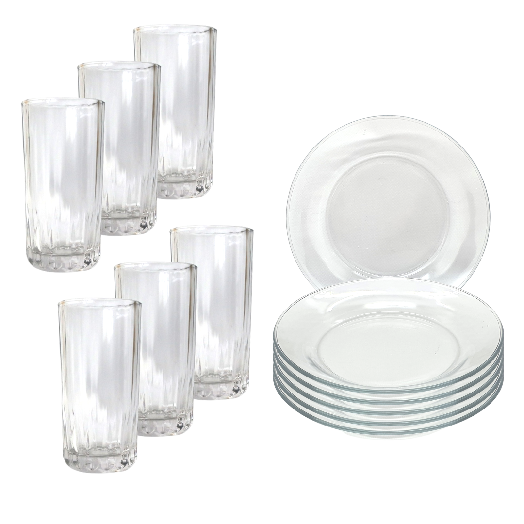 Aparelho De Jantar 12 Peças 6 Pratos Vidro + 6 Copos Long