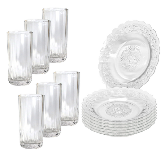 Aparelho De Jantar 12 Peças 6 Pratos Vidro + 6 Copos Long