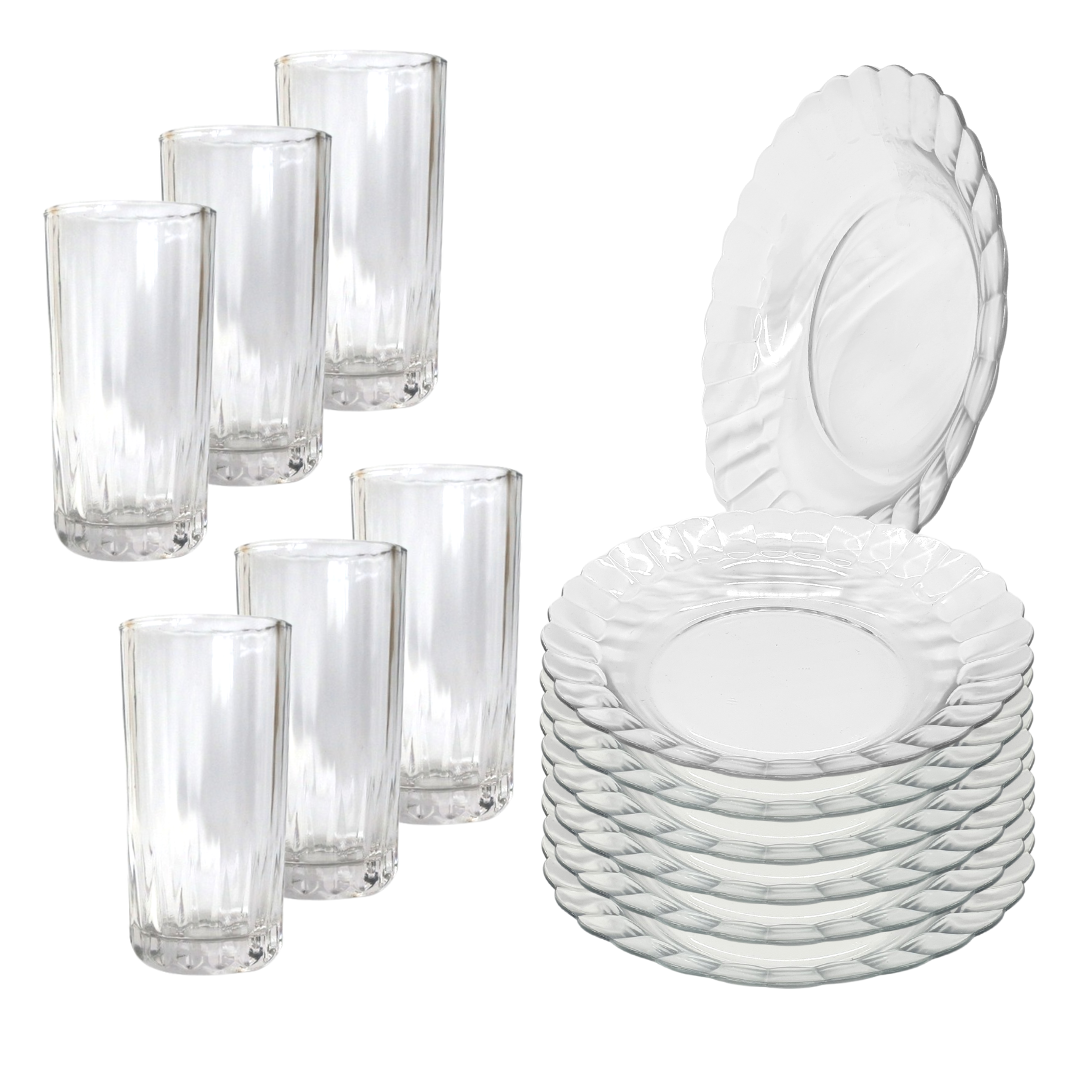 Aparelho De Jantar 12 Peças 6 Pratos Vidro + 6 Copos Long