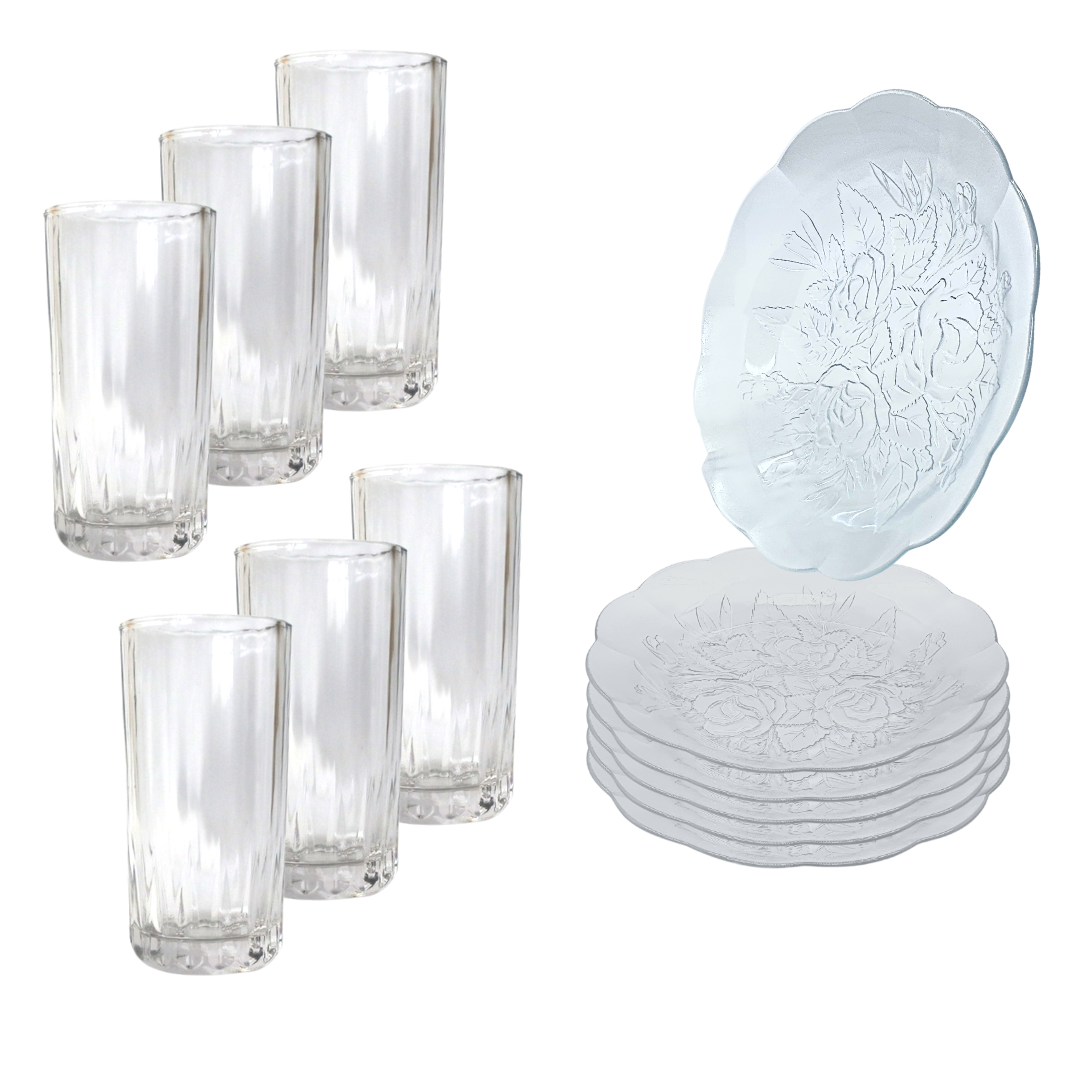 Aparelho De Jantar 12 Peças 6 Pratos Vidro + 6 Copos Long