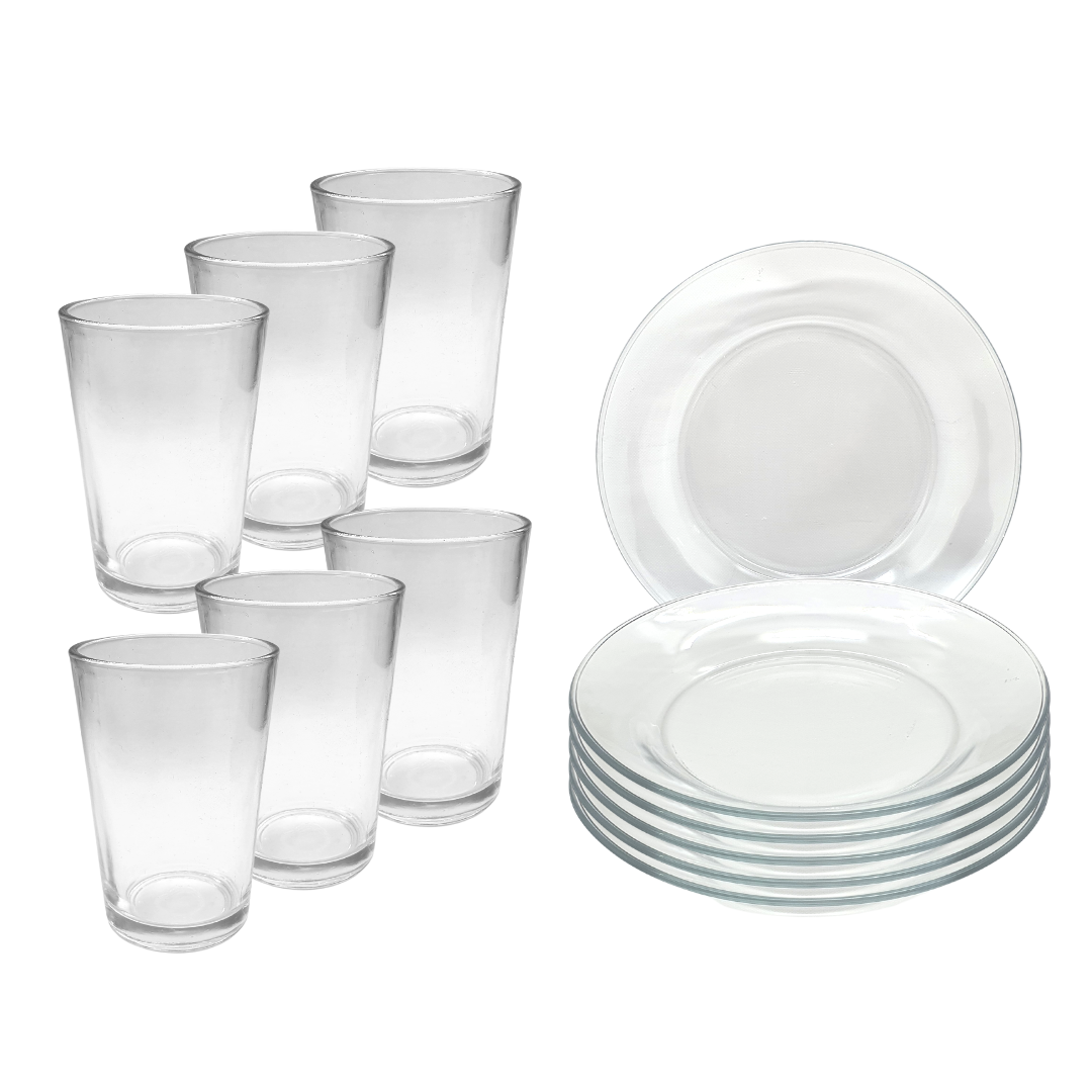 Aparelho De Jantar 12 Peças 6 Pratos Vidro + 6 Copos Latino