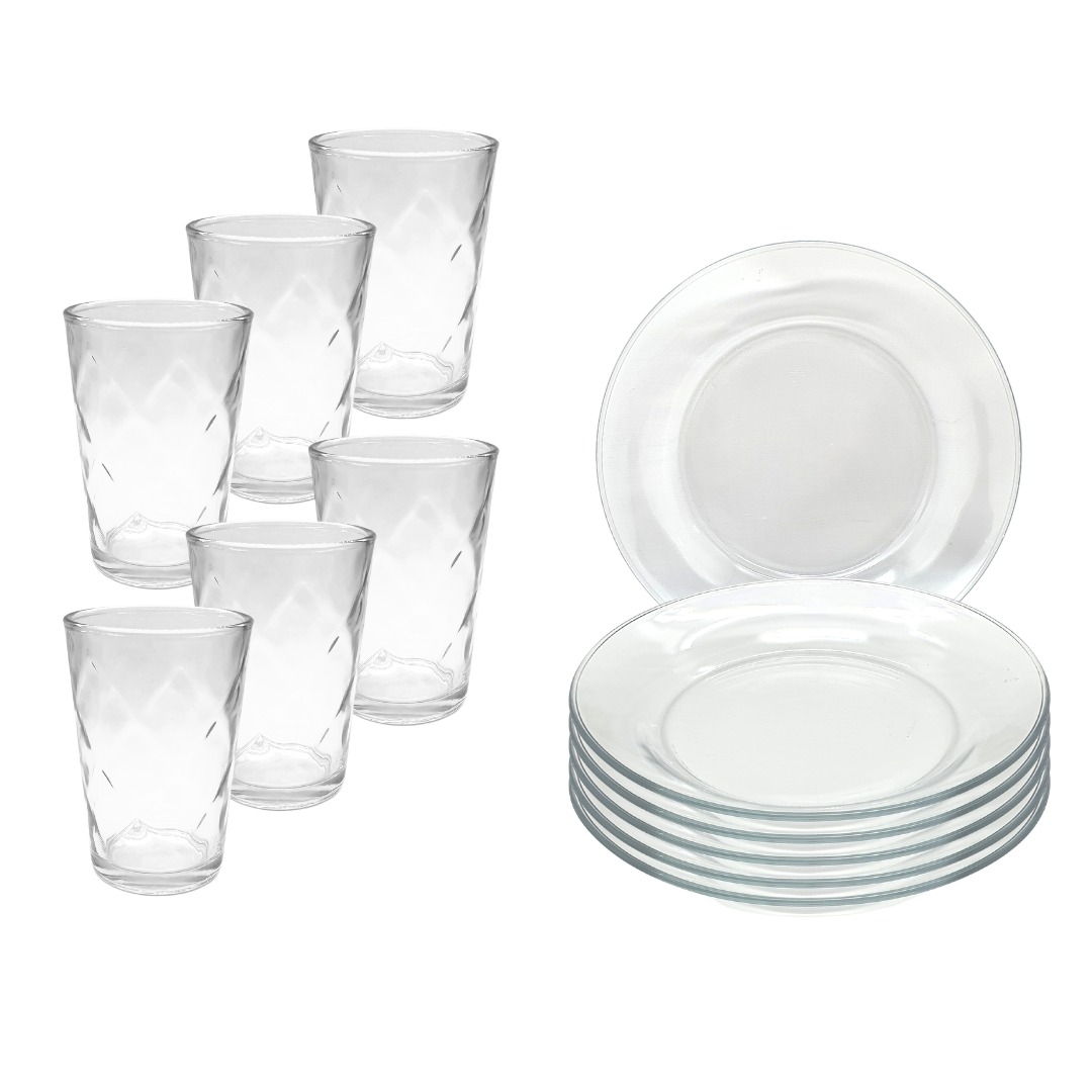 Aparelho De Jantar 12 Peças 6 Pratos Vidro + 6 Copos Latino