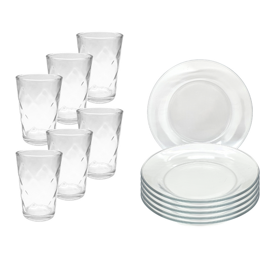 Aparelho De Jantar 12 Peças 6 Pratos Vidro + 6 Copos Latino