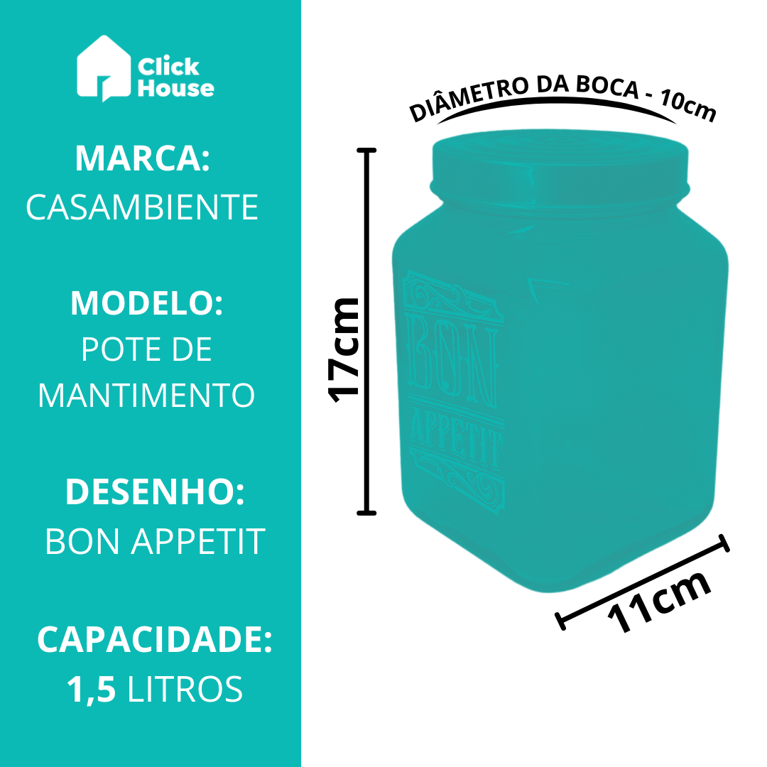 Pote Recipiente Vidro Mantimento Transparente Tampa 1,5l