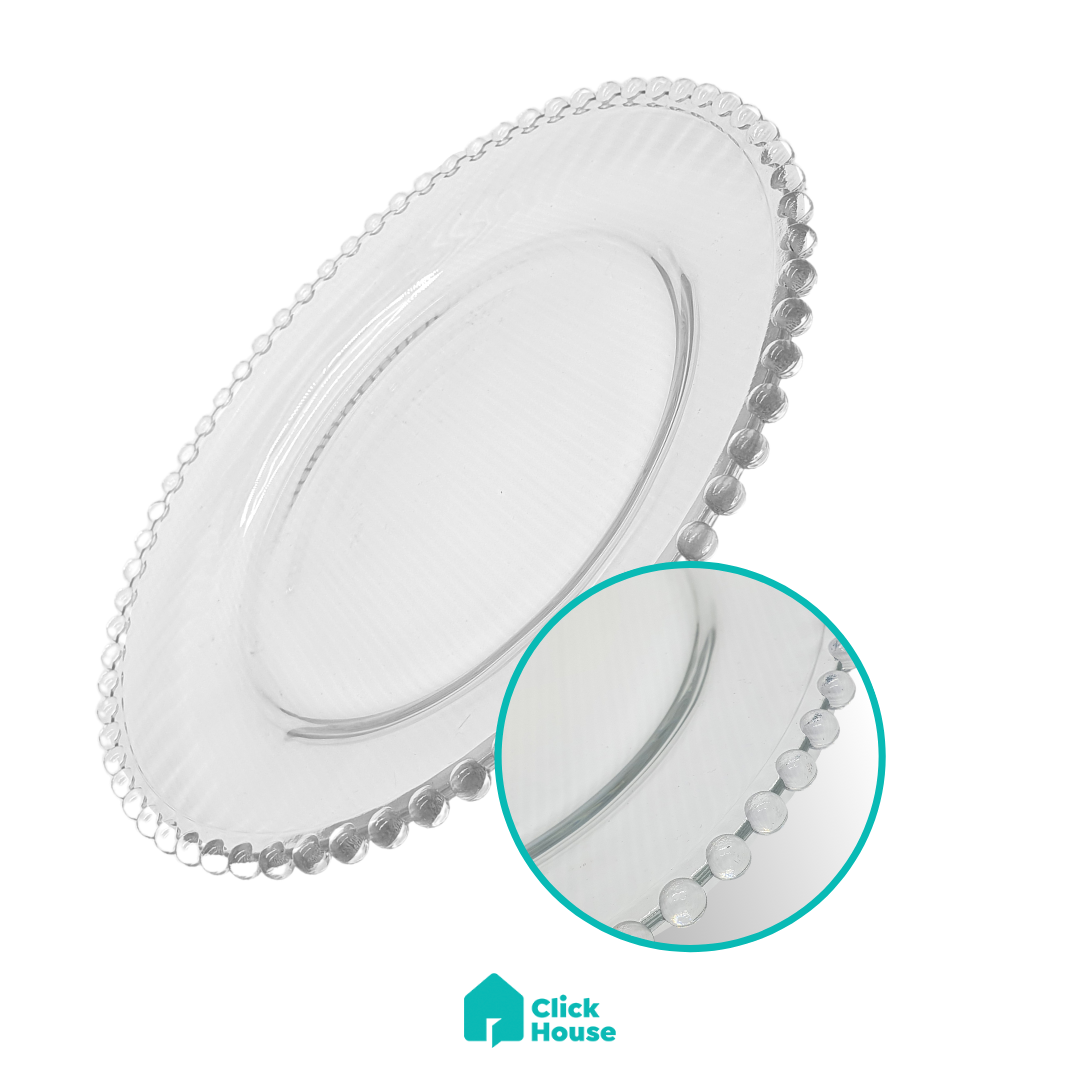 Prato De Vidro Mesa Pérola Raso Transparente Luxo 26cm