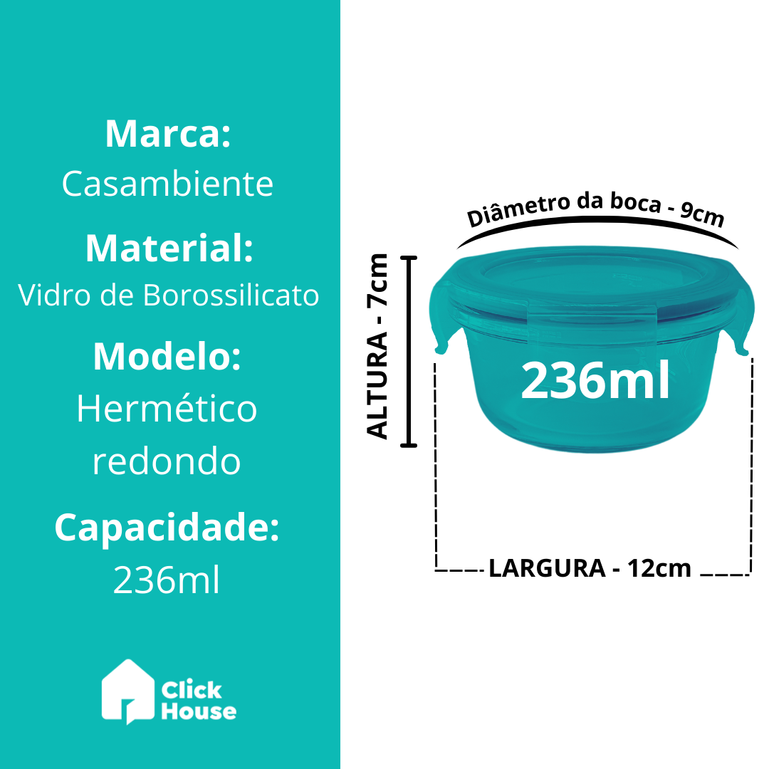 Pote Vidro Hermético Borossilicato Condimento Redondo 236ml