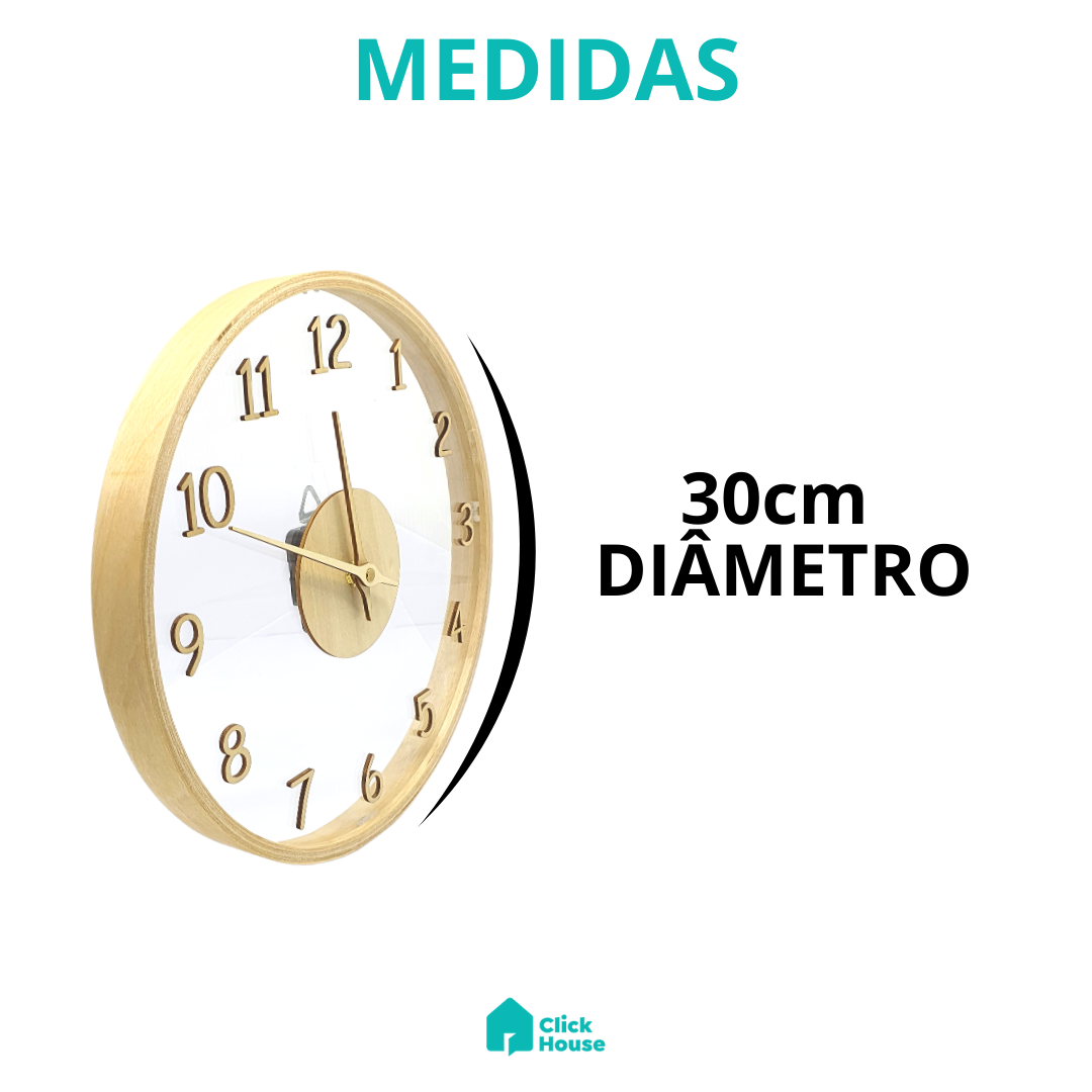 Relógio Parede Madeira Vidro Cozinha Sala Analógico 30cm