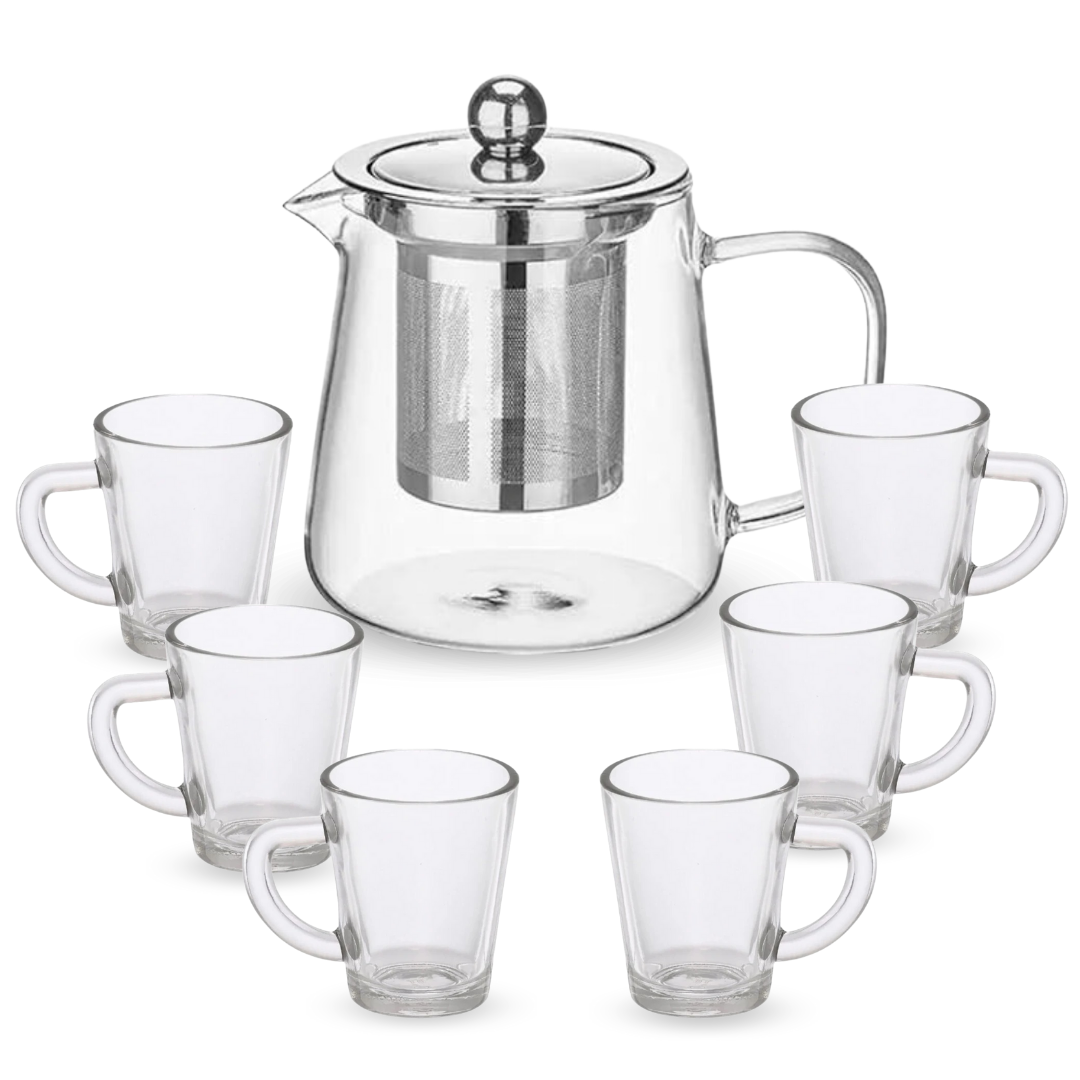Chaleira Bule Com Infusor 630ml + Jogo 6 Xícaras Vidro 75ml