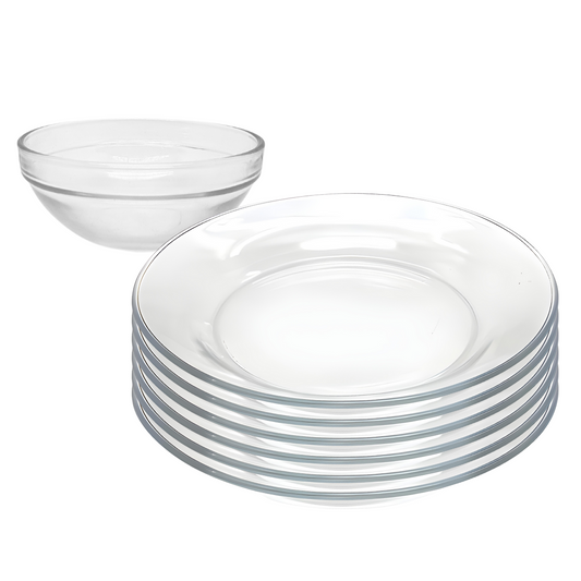 Aparelho de Jantar 6 Tigela Bowl e 6 Prato Vidro Liso Grosso