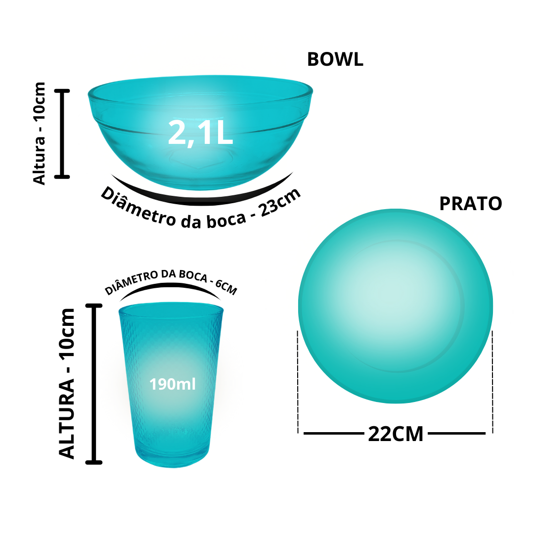 Aparelho De Jantar Pratos Copo 13 Peças Bowl Vidro Liso 2,1l