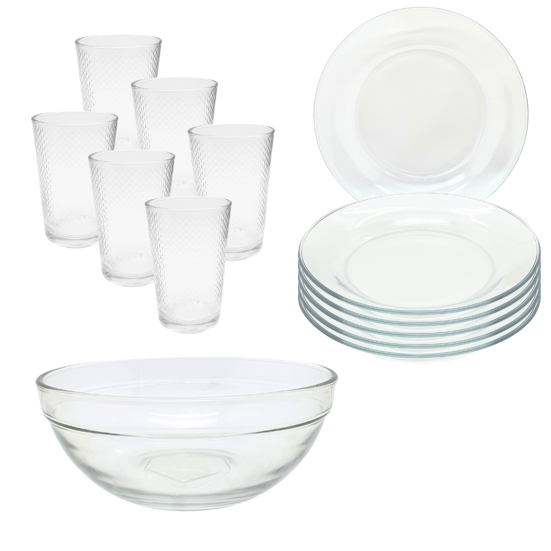 Aparelho De Jantar Pratos Copo 13 Peças Bowl Vidro Liso 2,1l