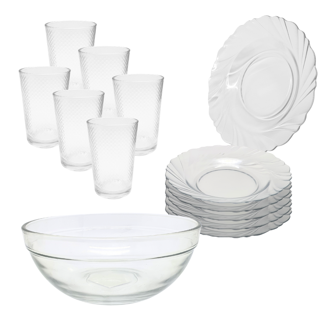 Aparelho De Jantar Pratos Copo 13 Peças Bowl Vidro Liso 2,1l