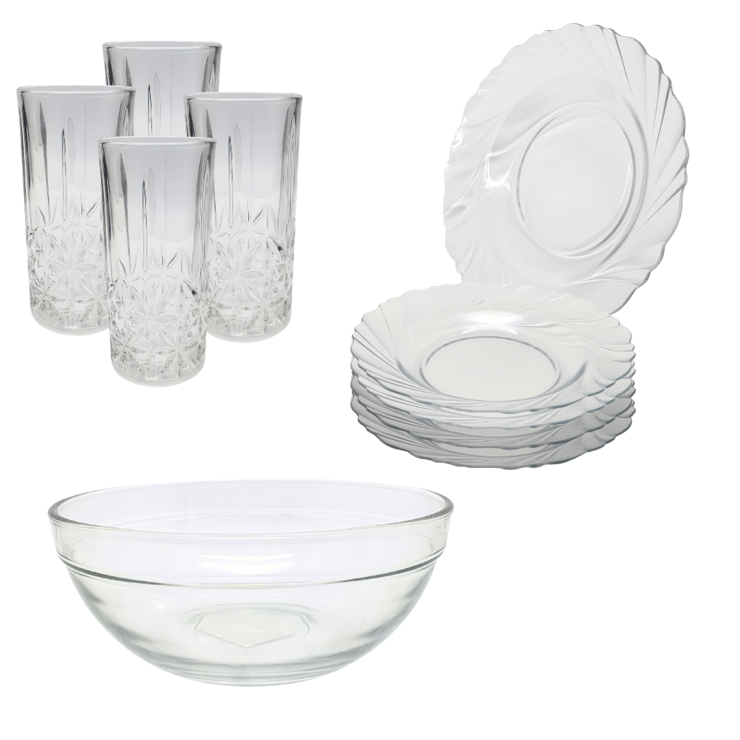 Aparelho De Jantar Copos Prato 9 Peças Bowl Vidro Liso 2,1l