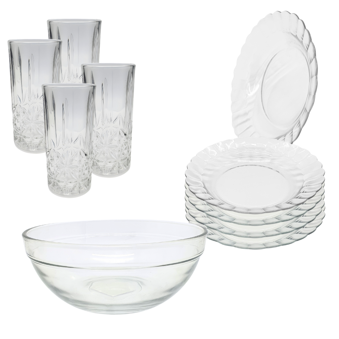 Aparelho De Jantar Copos Prato 9 Peças Bowl Vidro Liso 2,1l