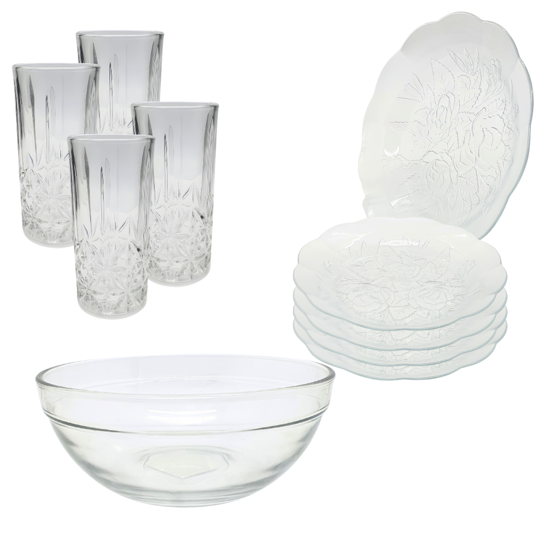 Aparelho De Jantar Copos Prato 9 Peças Bowl Vidro Liso 2,1l