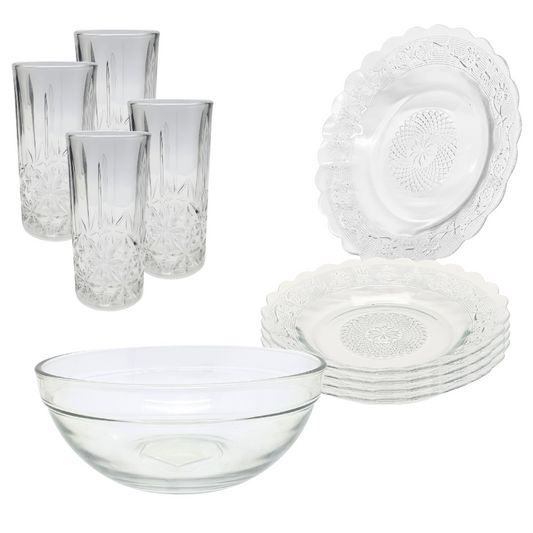 Aparelho De Jantar Copos Prato 9 Peças Bowl Vidro Liso 2,1l