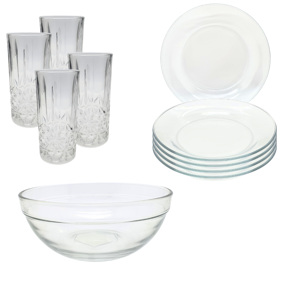 Aparelho De Jantar Copos Prato 9 Peças Bowl Vidro Liso 2,1l