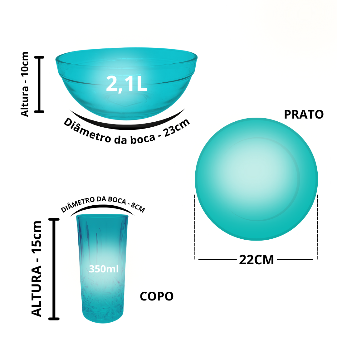 Aparelho De Jantar Copos Prato 13 Peças Bowl Vidro Liso 2,1l