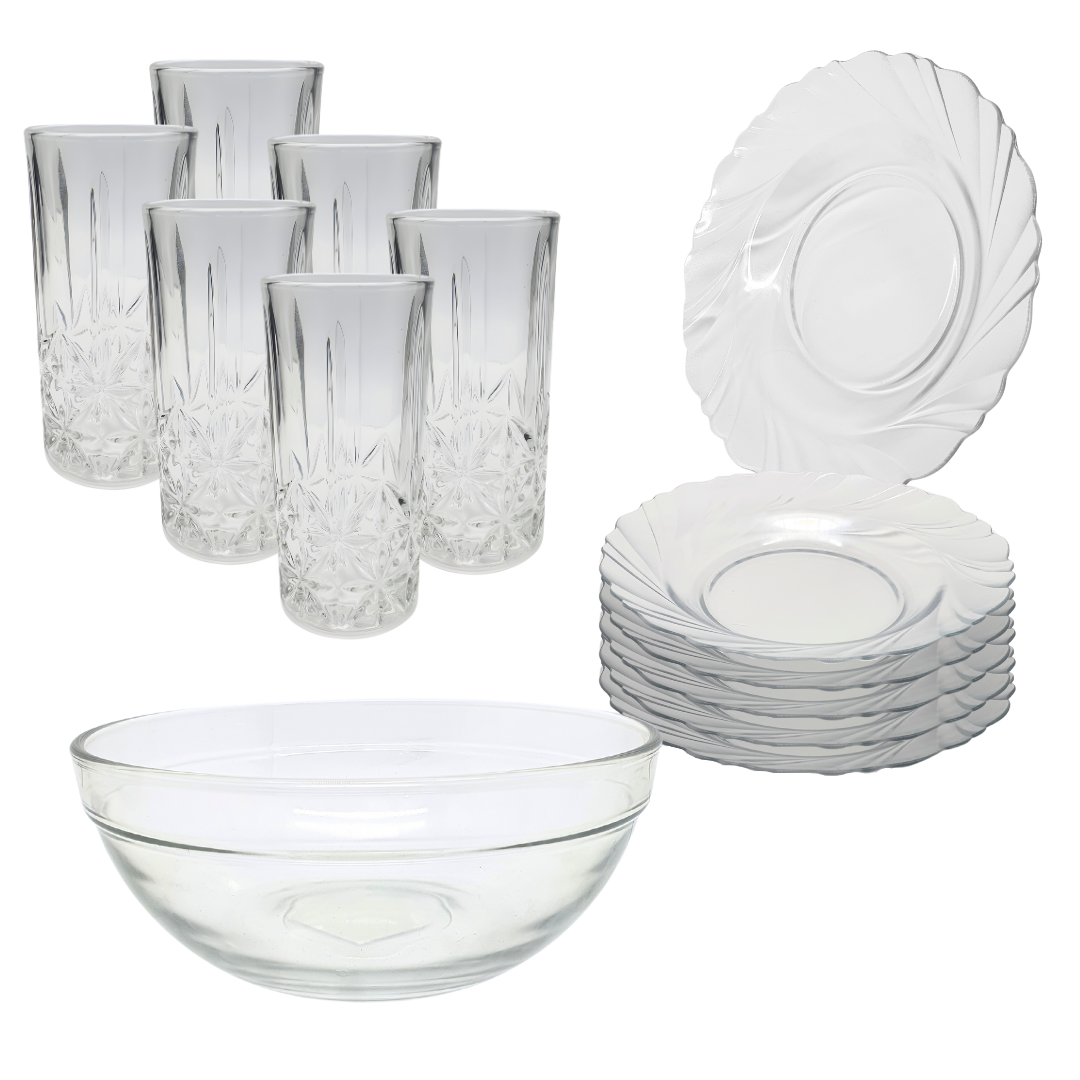 Aparelho De Jantar Copos Prato 13 Peças Bowl Vidro Liso 2,1l