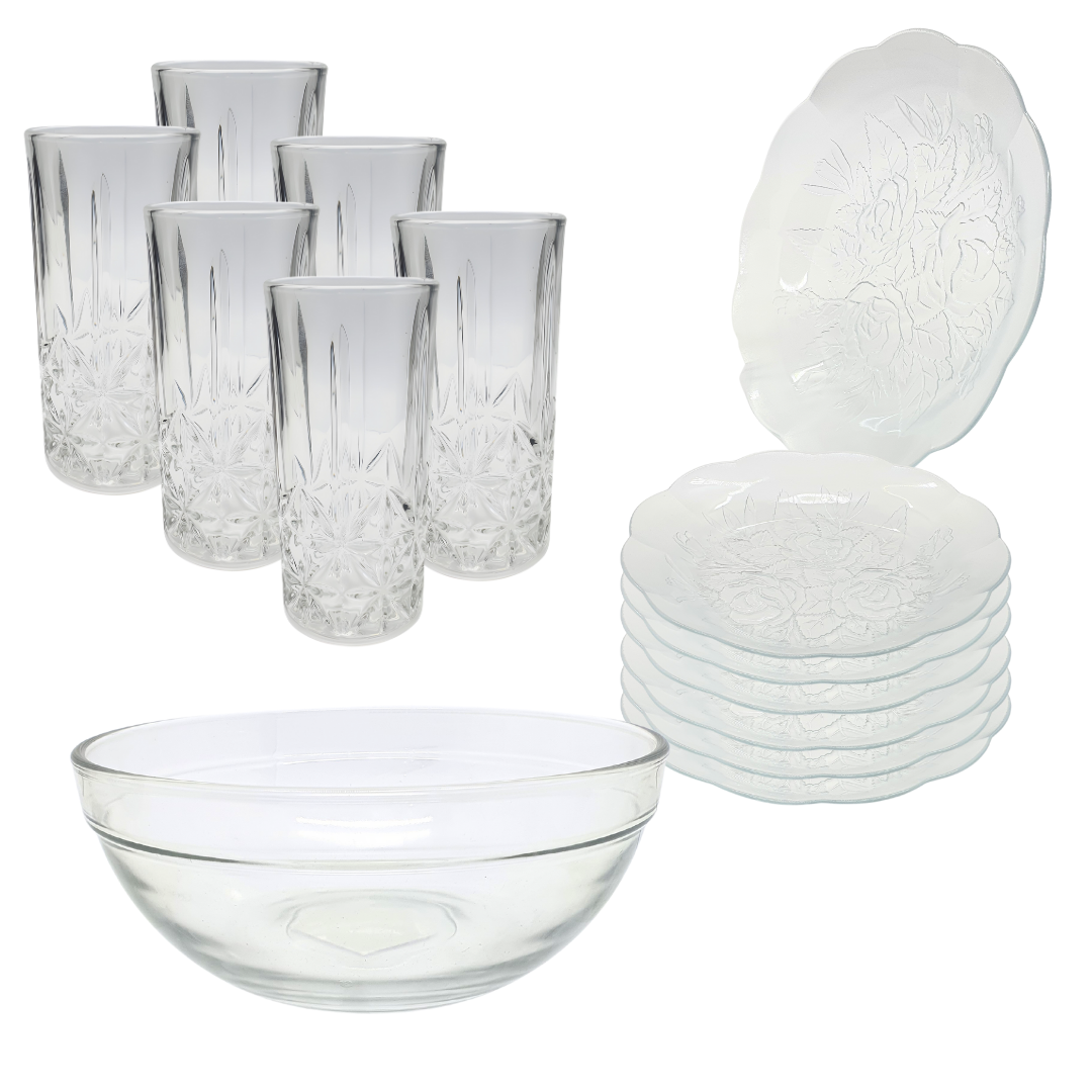 Aparelho De Jantar Copos Prato 13 Peças Bowl Vidro Liso 2,1l