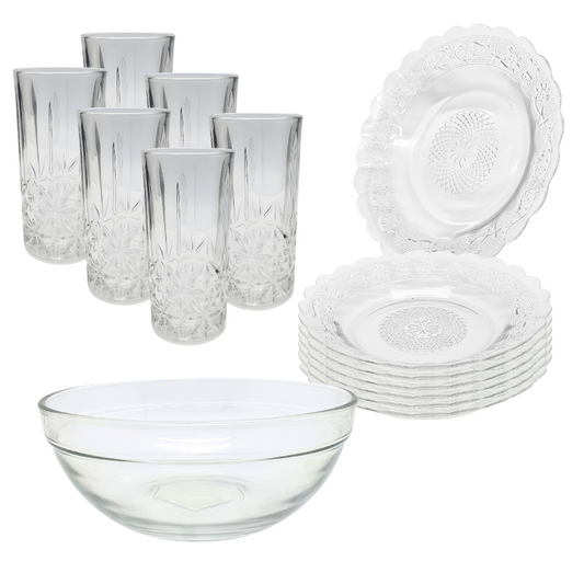 Aparelho De Jantar Copos Prato 13 Peças Bowl Vidro Liso 2,1l