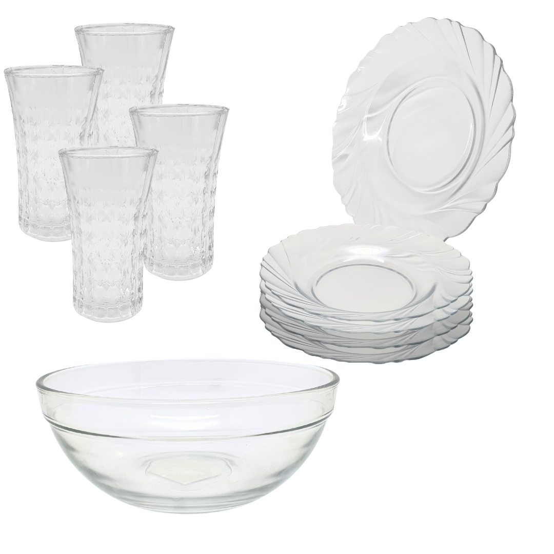 Aparelho De Jantar Copos Pratos Bowl Vidro 2,1l 9 Peças
