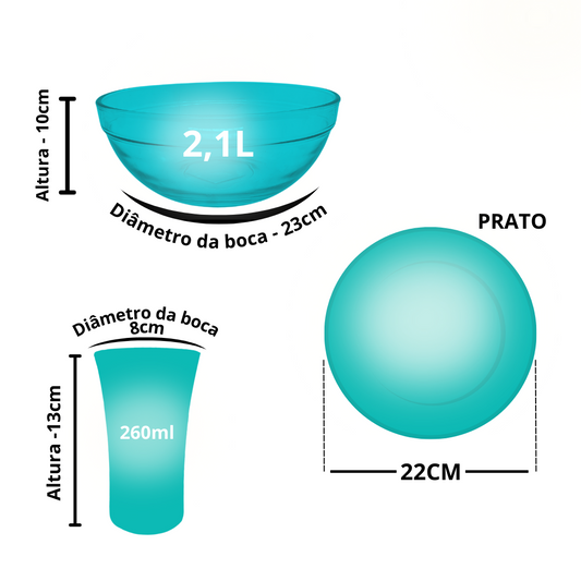 Aparelho De Jantar Copos Pratos Bowl Vidro 2,1l 9 Peças