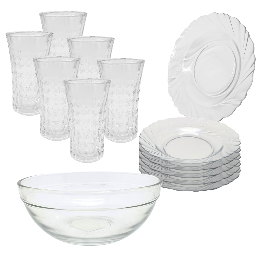 Aparelho De Jantar Copos Pratos Bowl Vidro 2,1l 13 Peças