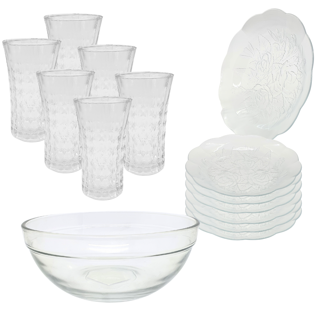 Aparelho De Jantar Copos Pratos Bowl Vidro 2,1l 13 Peças