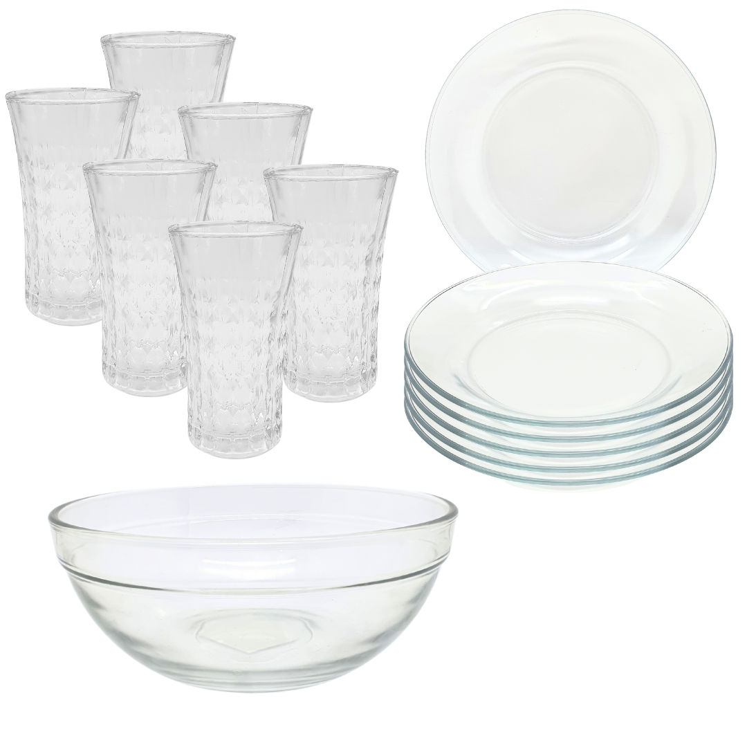 Aparelho De Jantar Copos Pratos Bowl Vidro 2,1l 13 Peças