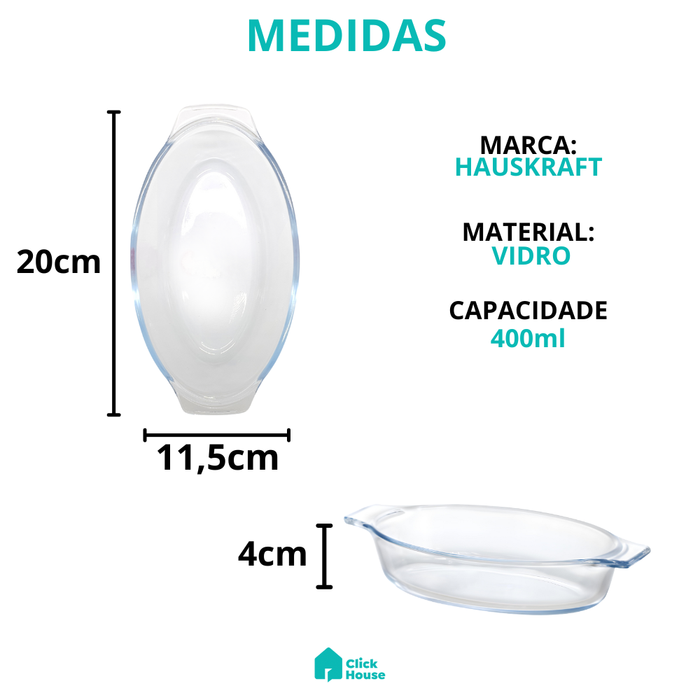 Assadeira Travessa Refratária Alças Oval De Vidro 400ml