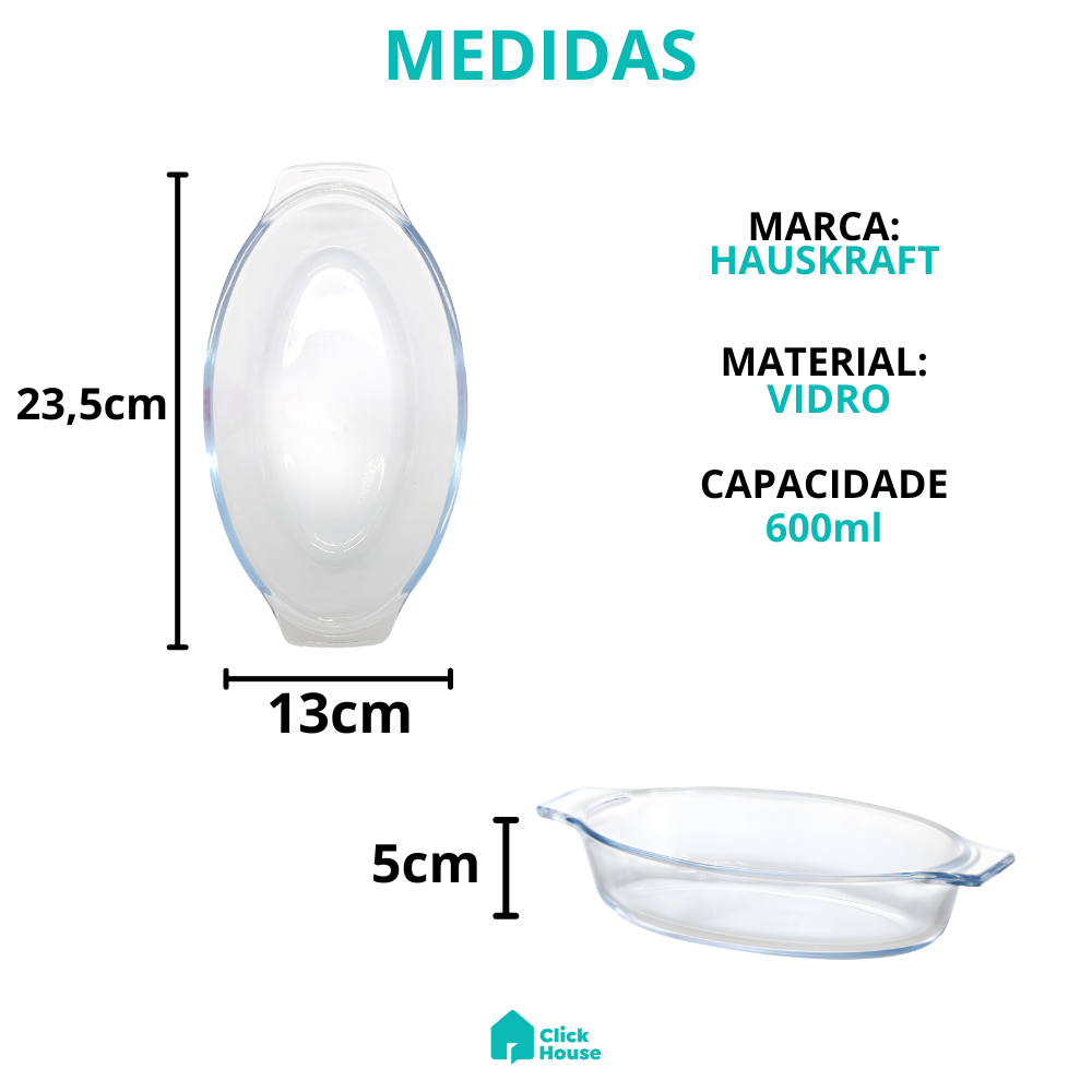 Assadeira Travessa Refratária Alças Oval 600ml De Vidro