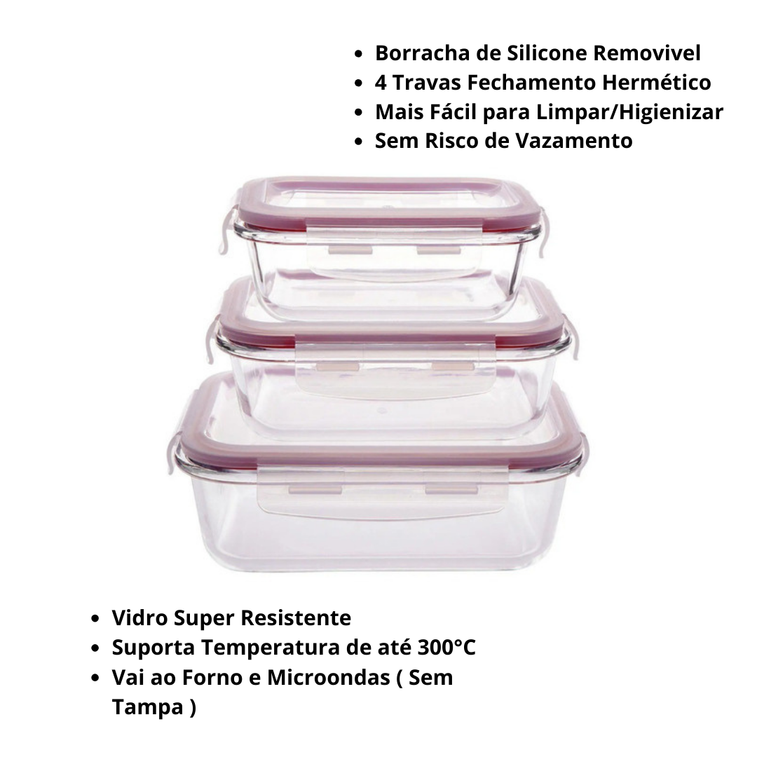 Pote Vidro Hermético Marmita Fit Tampa Retangular 570ml