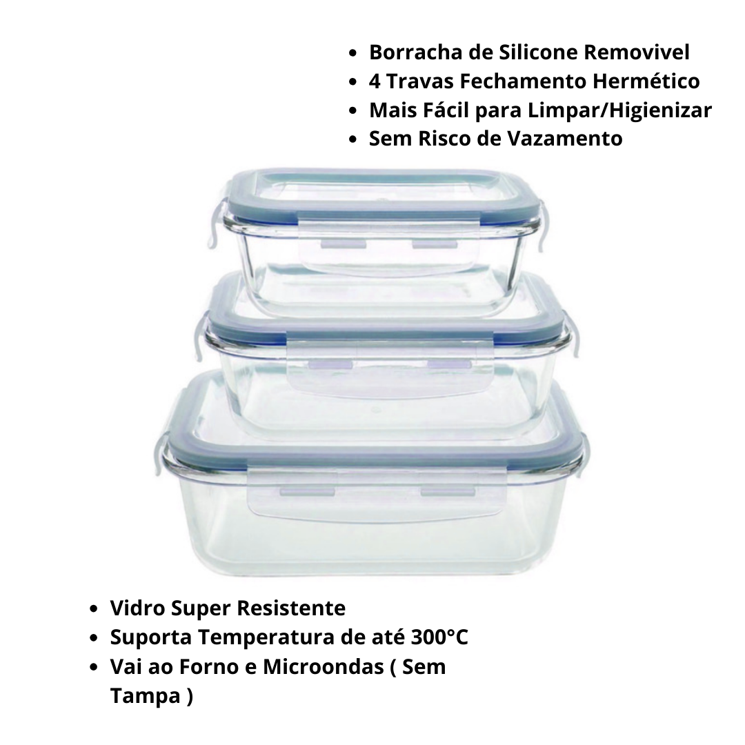Pote Vidro Hermético Marmita Fit Tampa Retangular 870ml