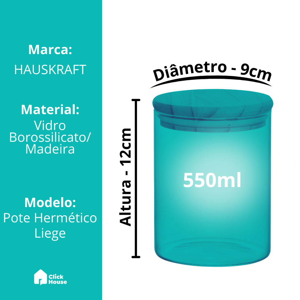 Pote Mantimento De Vidro Hermético Tampa Bambu 550ml Tempero