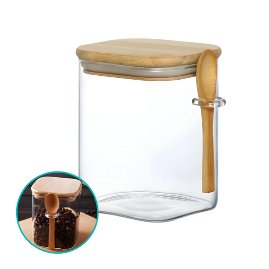 Pote Hermético De Vidro Colher Tampa Bambu Tempero 950ml