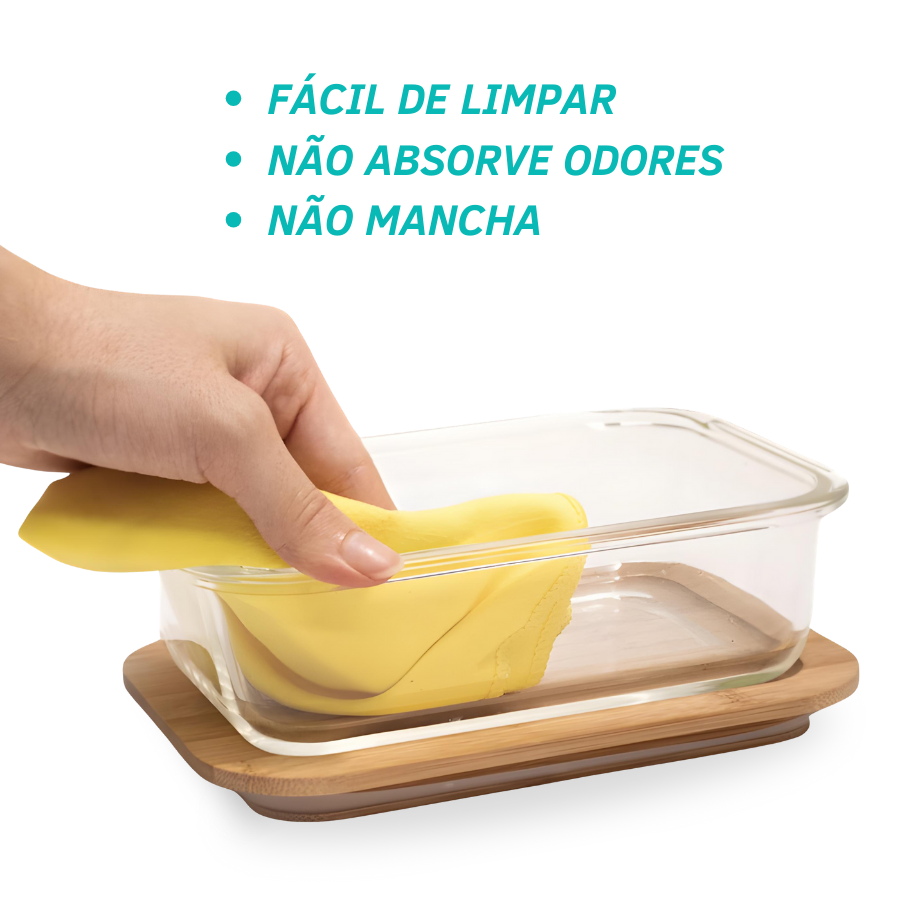 Pote Hermético Vidro Tampa Bambu Marmita Retangular 1040ml