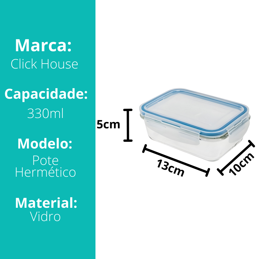 Pote Hermético De Vidro Com Tampa Marmita Retangular 330ml