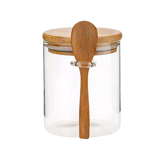 Pote De Vidro Redondo Tampa Bambu Hermético Com Colher 550ml