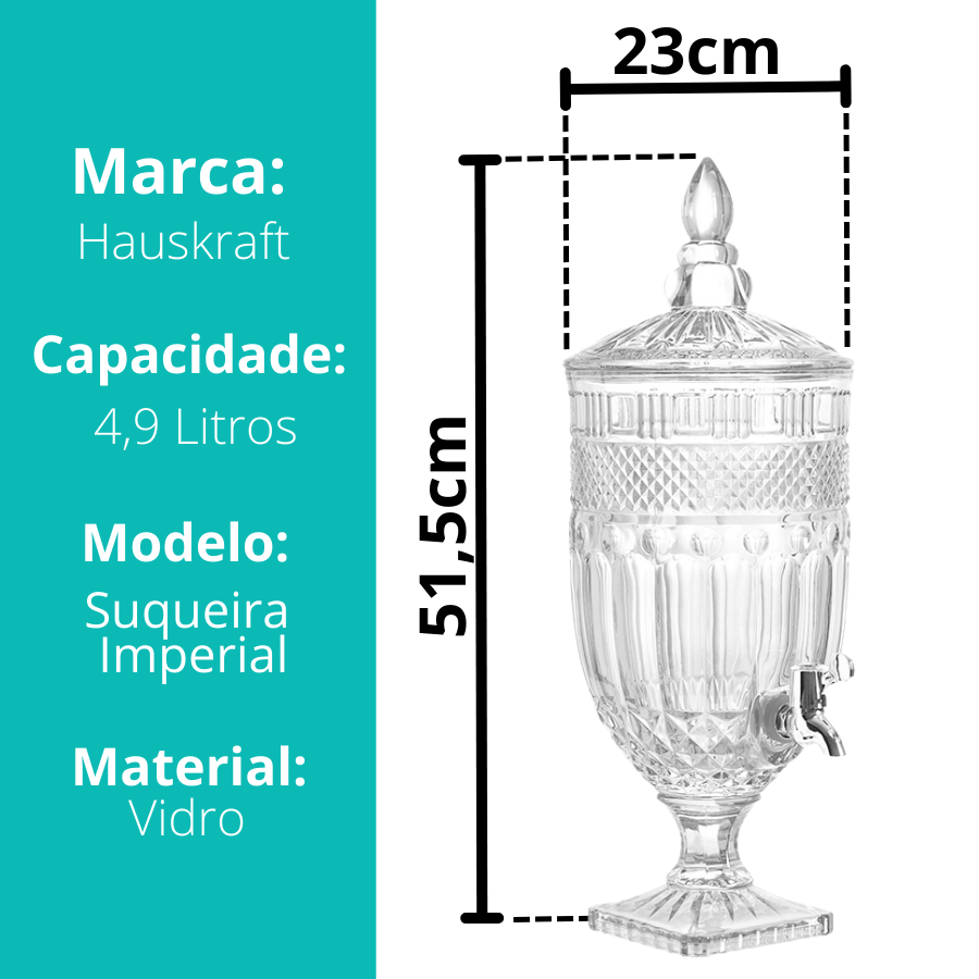 Suqueira Imperial Vidro Luxo Bebidas Torneira 4,9 Litros