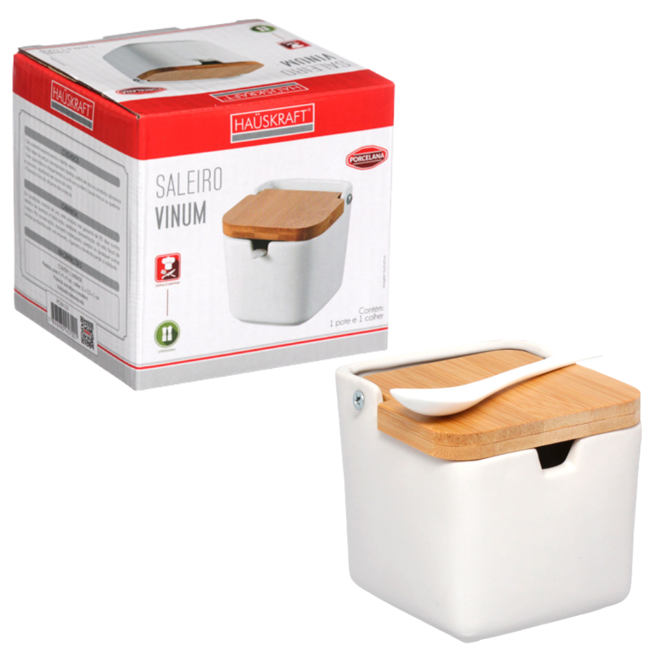 Saleiro Porcelana Mesa Tampa Bambu Açucareiro Colher Quadrado 270mL
